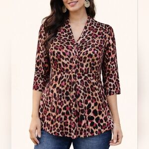 Vtg NICOLE MARIE 1990s Hot Pink Leopard Disco Sequin Peplum Quarter Sleeve Tunic